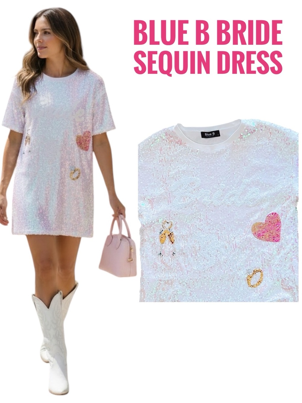 NEW blue b White Allover Sequin Bride Heart Engagement Ring Mini T-Shirt Dress